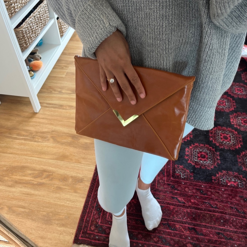 Vintage Nordstrom Cognac Brown Leather Envelope Clutch Handbag Purse